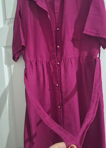 Bordo V Yaka Salaş Midi Elbise Keten M L uyumlu - Görsel 2