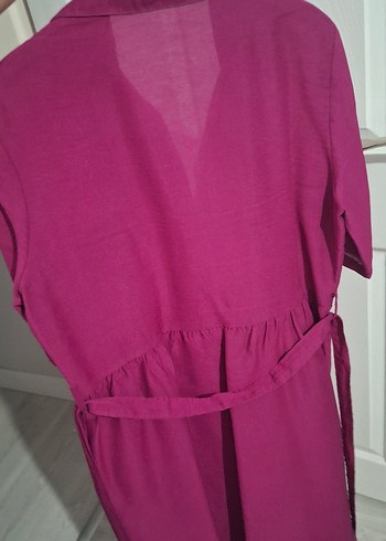 Bordo V Yaka Salaş Midi Elbise Keten M L uyumlu - Görsel 6