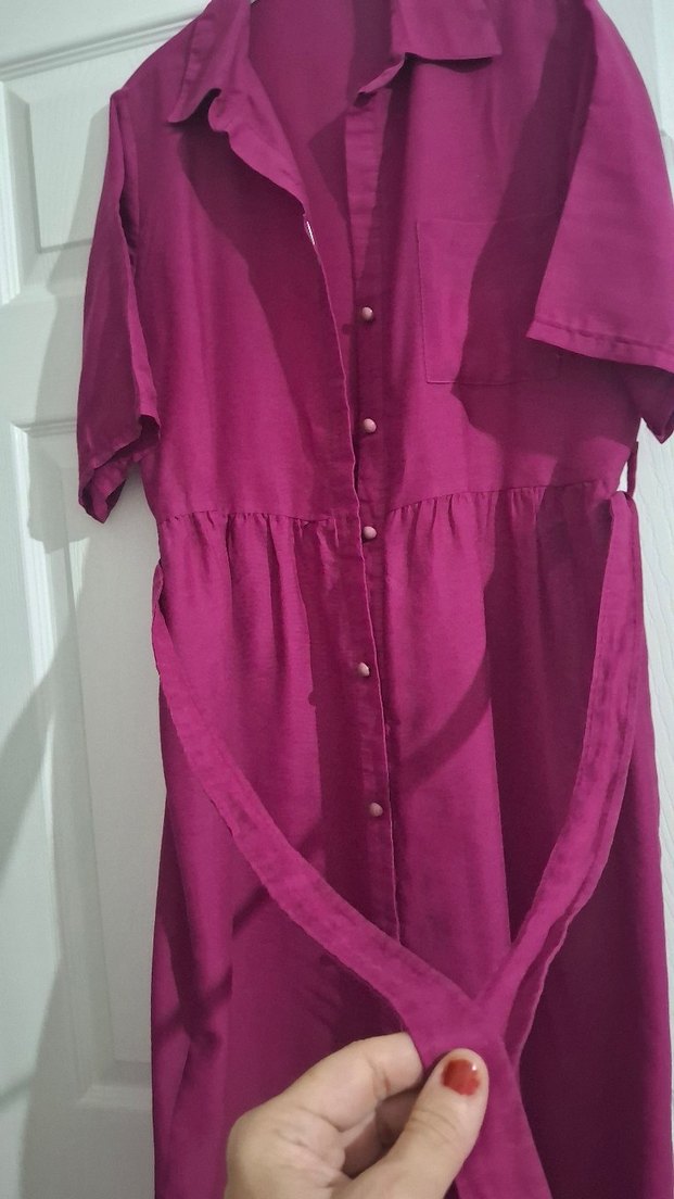 Bordo V Yaka Salaş Midi Elbise Keten M L uyumlu - Görsel 2