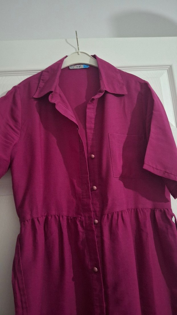 Bordo V Yaka Salaş Midi Elbise Keten M L uyumlu - Görsel 4