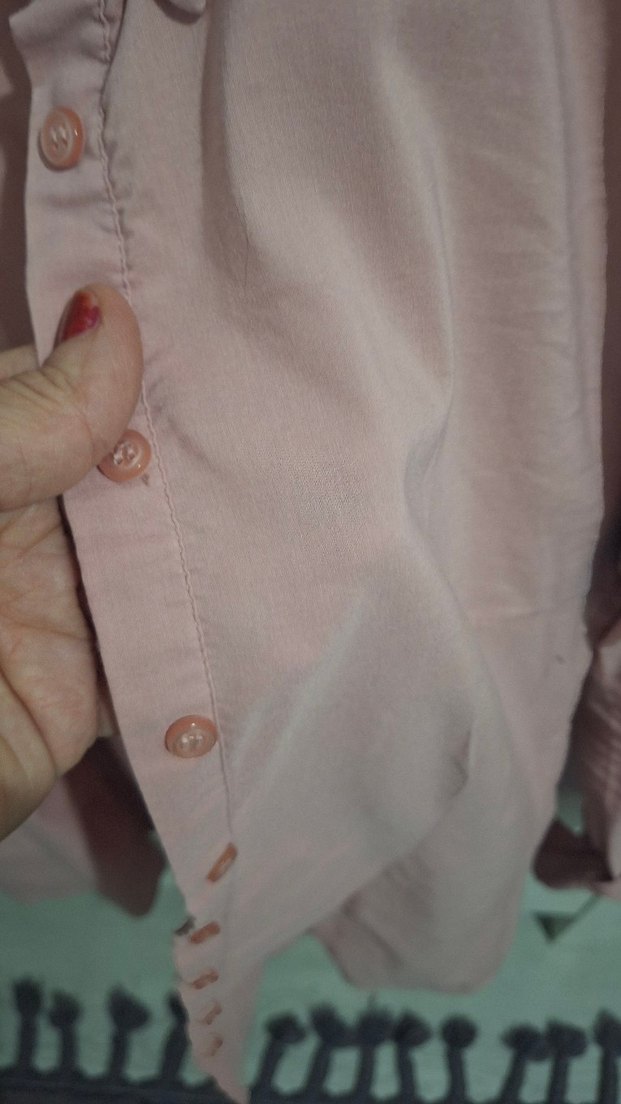 Düğmeli Pembe Keten Kadın Gömlek M L uyumlu - Görsel 3