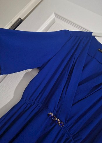 Mavi Uzun Kollu Kemerli Kadın Elbise M ,L uyumlu - Görsel 9