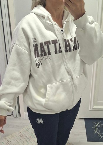 Beyaz Fermuarlı Baskılı Sweatshirt ,M ,L uyumlu