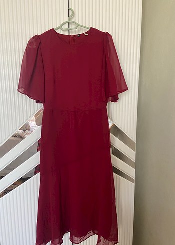 Bordo Midi Kadın Elbise V Yakalı - Görsel 2