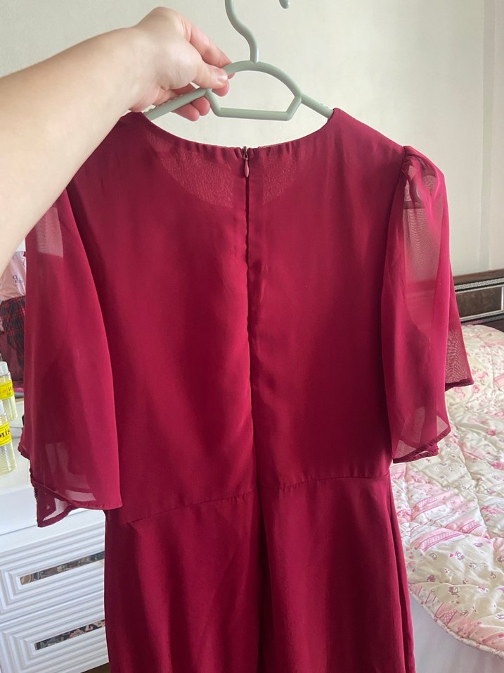 Bordo Midi Kadın Elbise V Yakalı - Görsel 4