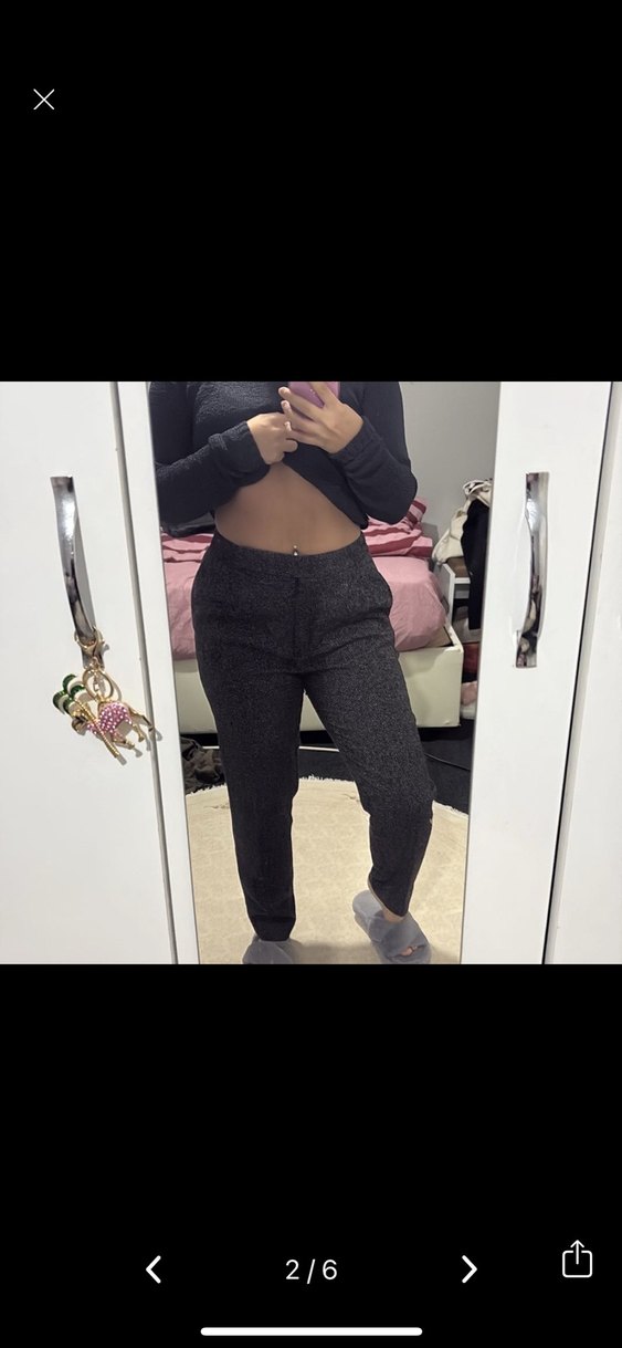 Gri Kadın Kemerli Yün Kumaş Pantolon - Görsel 2