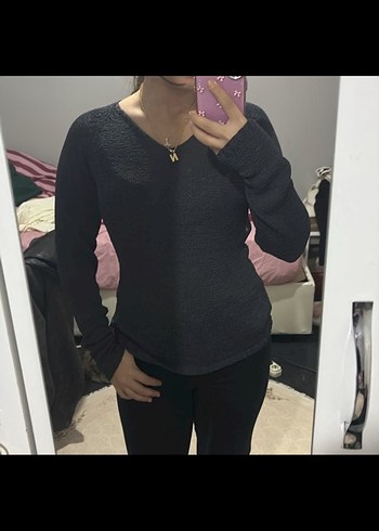 V Yaka Gri Örgü Kadın Kazak - Görsel 4