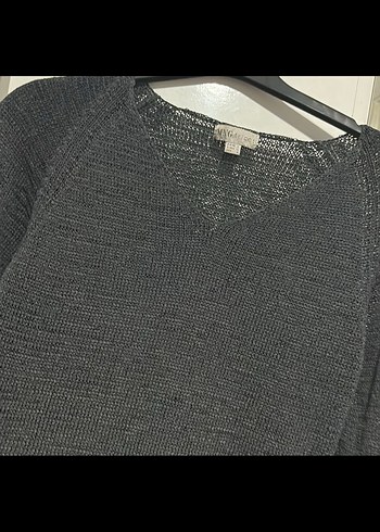 V Yaka Gri Örgü Kadın Kazak - Görsel 2