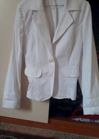 Düğmeli Beyaz Keten Mini Kadın Blazer Ceket - Görsel 2