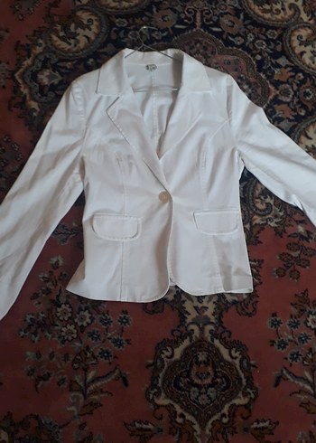 Düğmeli Beyaz Keten Mini Kadın Blazer Ceket - Görsel 7