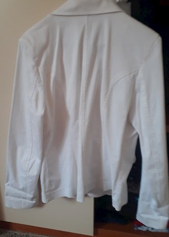 Düğmeli Beyaz Keten Mini Kadın Blazer Ceket - Görsel 4