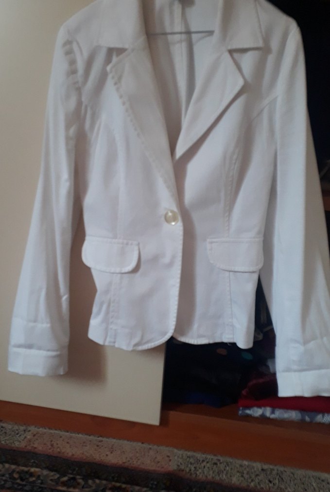 Düğmeli Beyaz Keten Mini Kadın Blazer Ceket - Görsel 2