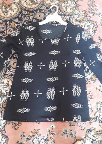 Siyah Bohem Desenli Örme Bluz - Görsel 2