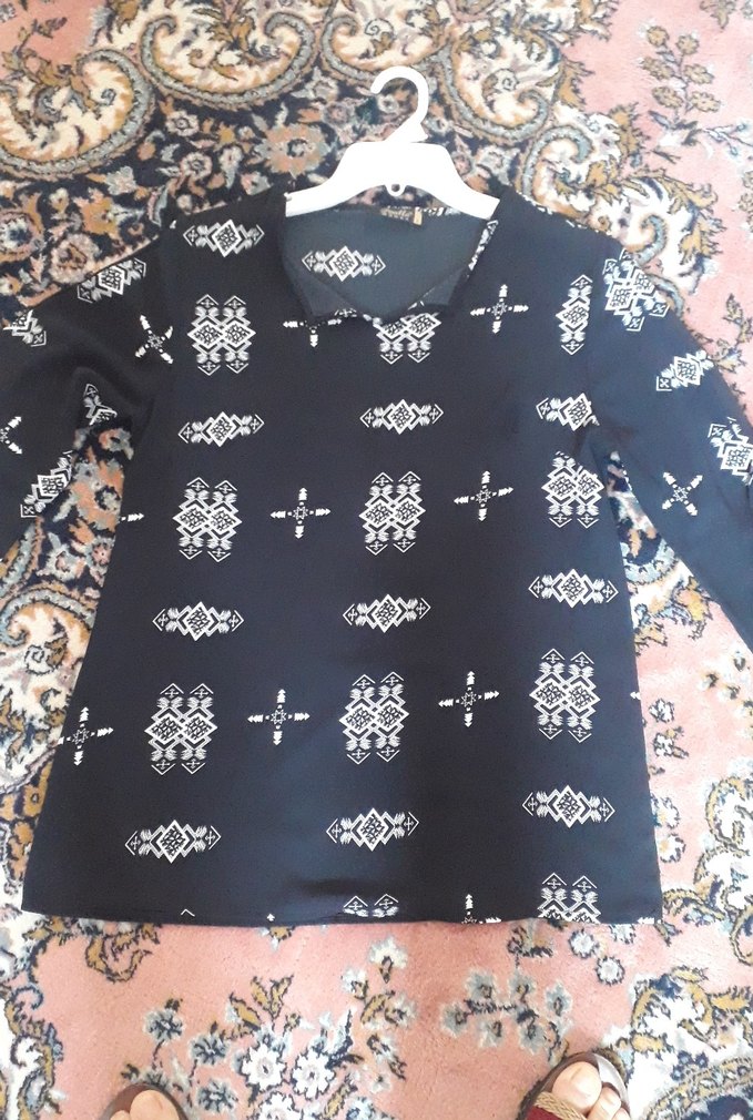 Siyah Bohem Desenli Örme Bluz - Görsel 2