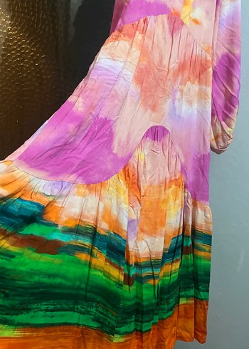 Uzun, Salaş, Çok Renkli Bağlama Desenli Elbise - Görsel 2