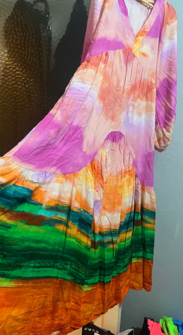 Uzun, Salaş, Çok Renkli Bağlama Desenli Elbise - Görsel 2