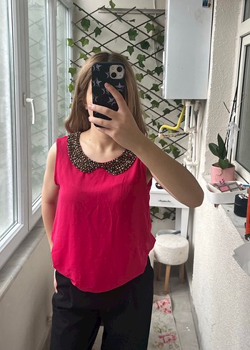 Pullu Yaka Detaylı Pembe Kadın Bluz