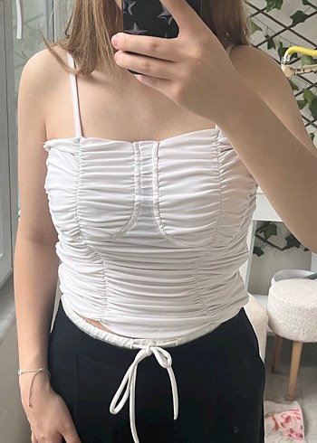 m Beden beyaz Renk Beyaz Büzgülü Askılı Crop Top