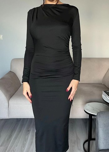 Diğer Uzun Kollu Drapeli Siyah İş Elbisesi