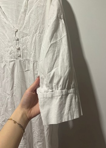 Düğmeli V Yaka Bohem Beyaz Uzun Elbise - Görsel 3