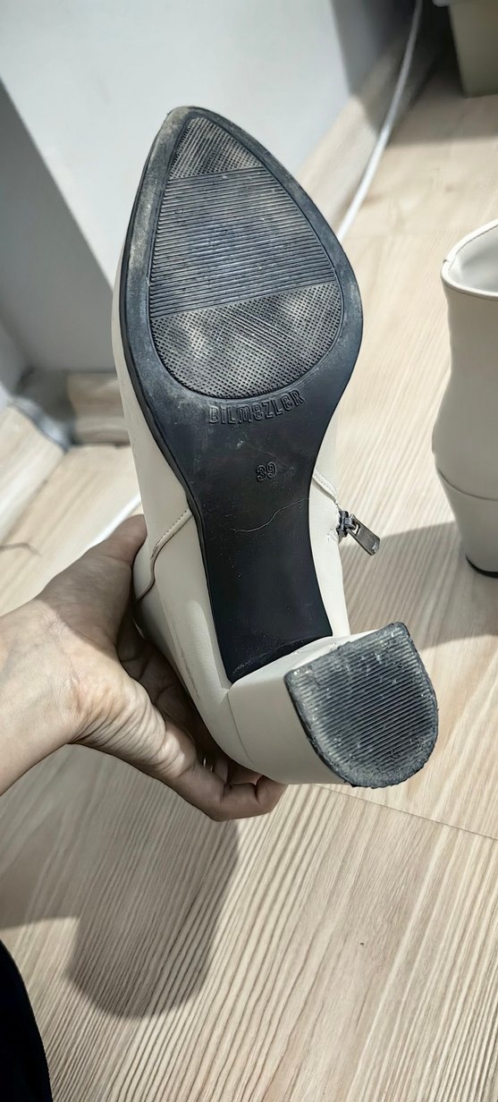 Beyaz Deri Kadın Bot, Kalın Topuklu, Fermuarlı - Görsel 3