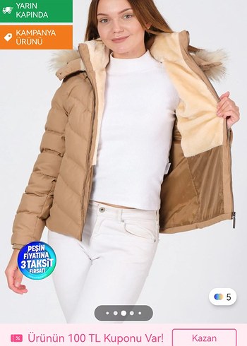 Bej Kısa Kadın Kışlık Mont Kürklü Kapüşonlu - Görsel 2