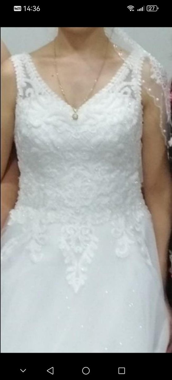 V Yaka Klasik Beyaz A Kesim Gelinlik - Görsel 2