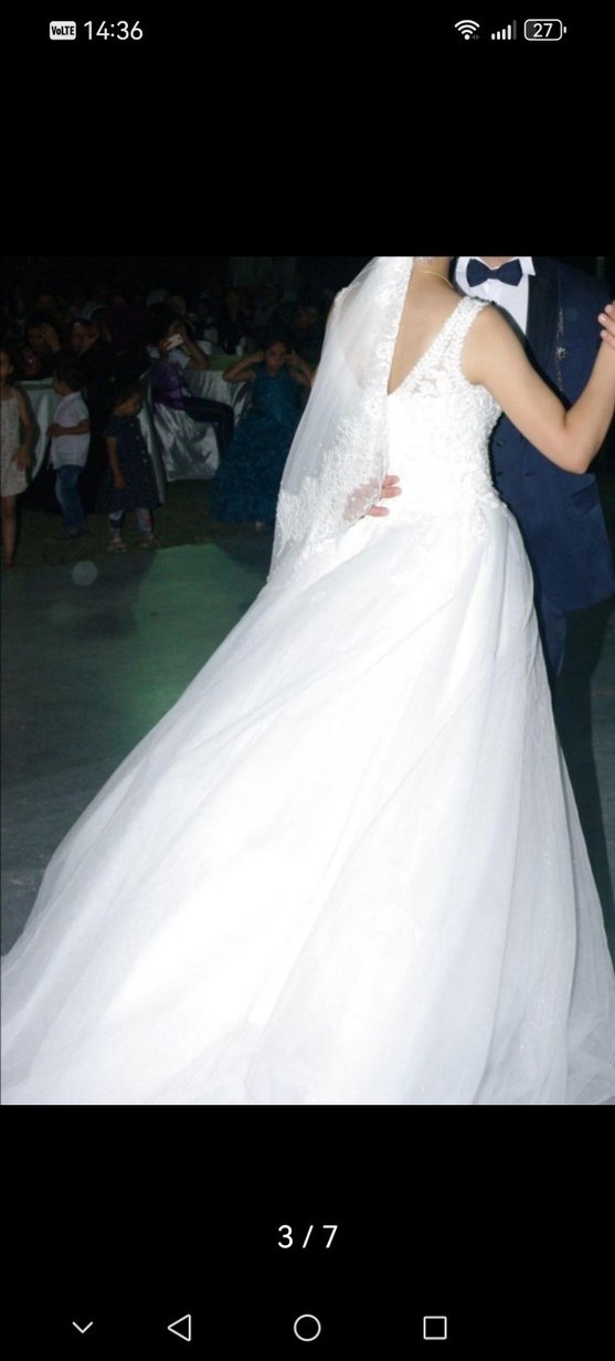 V Yaka Klasik Beyaz A Kesim Gelinlik - Görsel 3