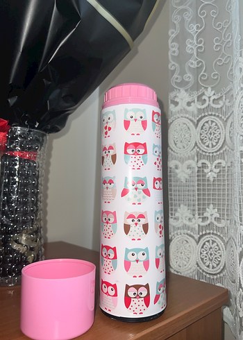 Renkli Baykuş Desenli Pembe Termos - Görsel 4