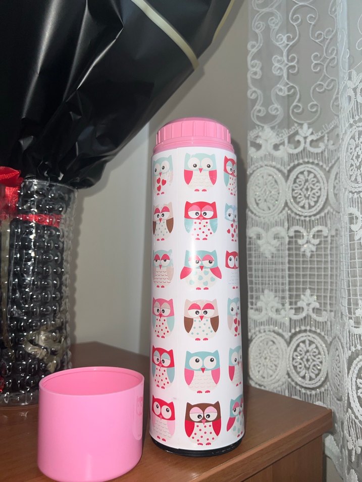 Renkli Baykuş Desenli Pembe Termos - Görsel 4
