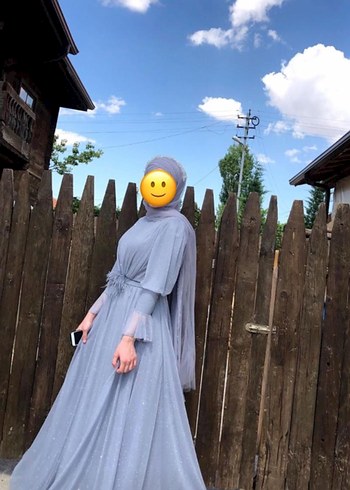 Uzun Gri Drapeli Tesettür Abiye Elbise