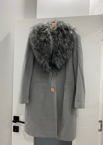 Gri Kaban, Kürk Yaka Detaylı - Görsel 2