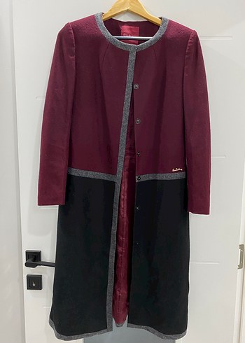 Bordo Siyah Düğmeli Kadın Uzun Kaban - Görsel 5