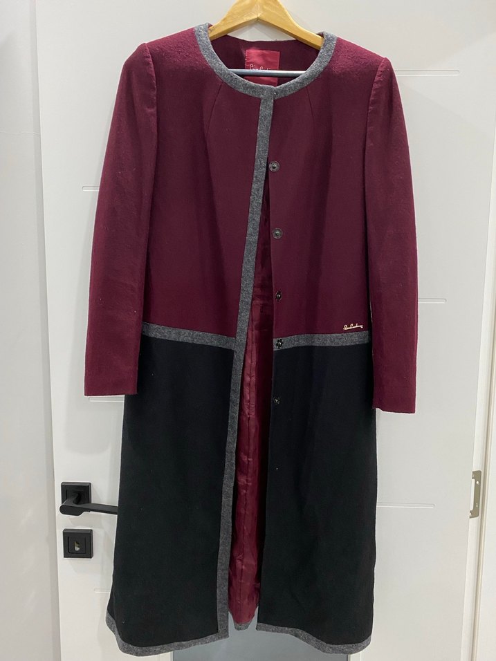 Bordo Siyah Düğmeli Kadın Uzun Kaban - Görsel 5