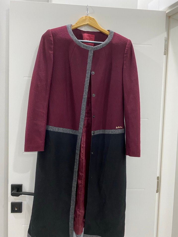 Bordo Siyah Düğmeli Kadın Uzun Kaban - Görsel 2