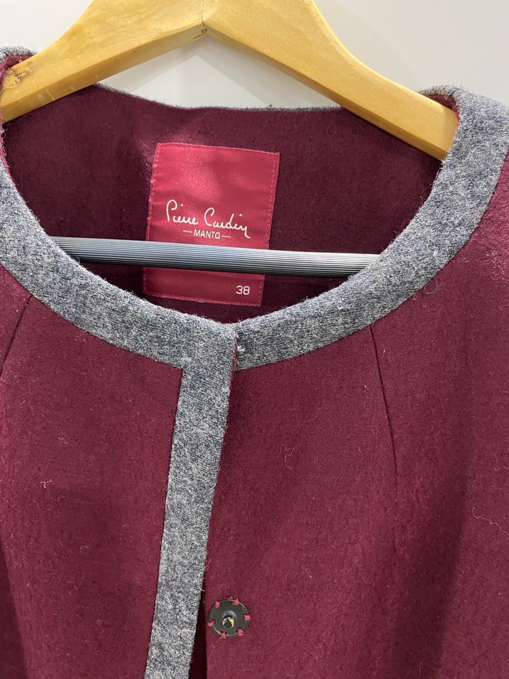 Bordo Siyah Düğmeli Kadın Uzun Kaban - Görsel 4