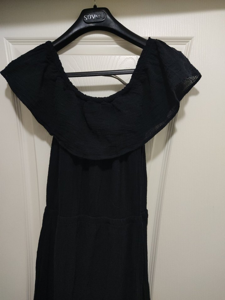 Siyah Drapeli Uzun Kolsuz Keten Elbise - Görsel 3