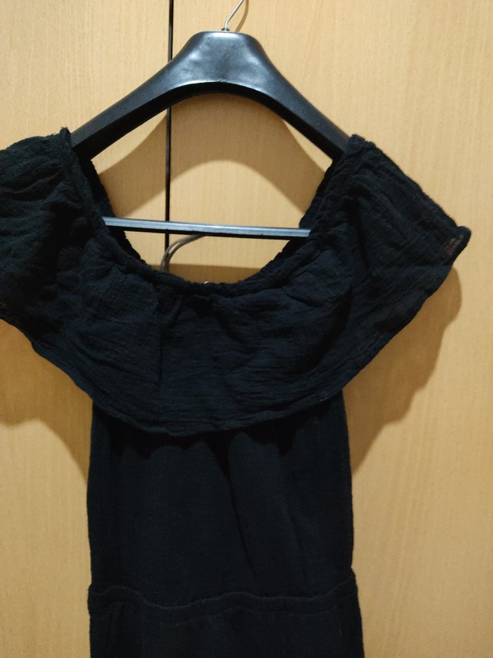 Siyah Drapeli Uzun Kolsuz Keten Elbise - Görsel 5