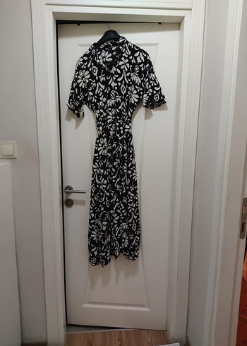 Siyah Beyaz Desenli Bohem Uzun Elbise - Görsel 4