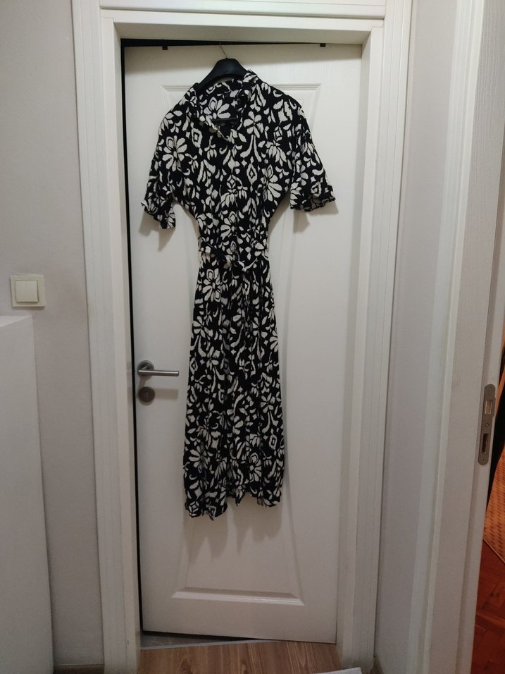 Siyah Beyaz Desenli Bohem Uzun Elbise - Görsel 4