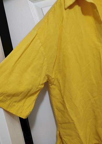 Sarı Kısa Kollu Keten Gömlek - Görsel 3