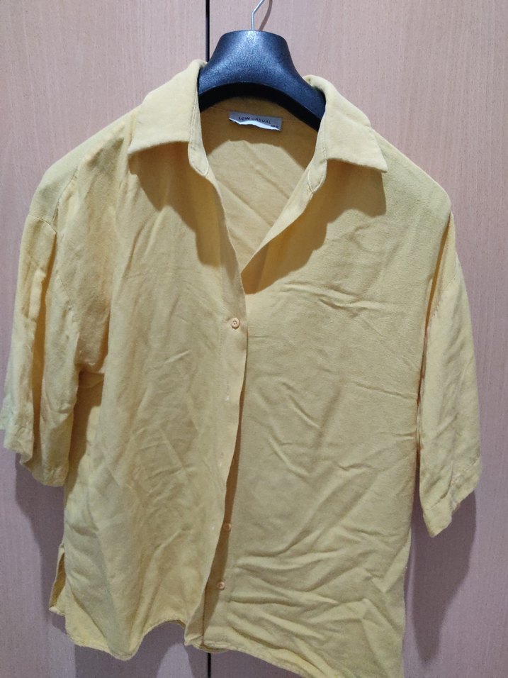 Sarı Kısa Kollu Keten Gömlek - Görsel 2