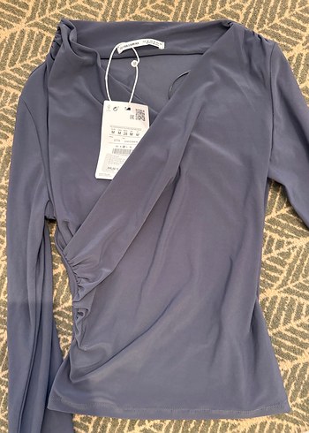 38 Beden gri Renk Gri V Yakalı Uzun Kollu Drapeli Kadın Bluz pull&bear