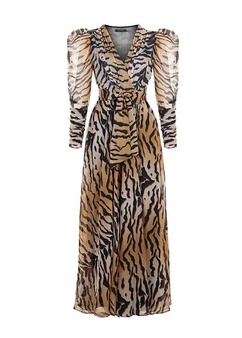 Nocturne Kahverengi Zebra Desenli Uzun Bohem Elbise