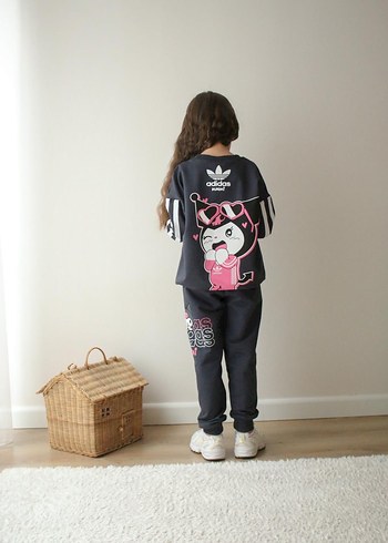 Gri Kapüşonlu Baskılı Kız Eşofman Takımı - Görsel 2