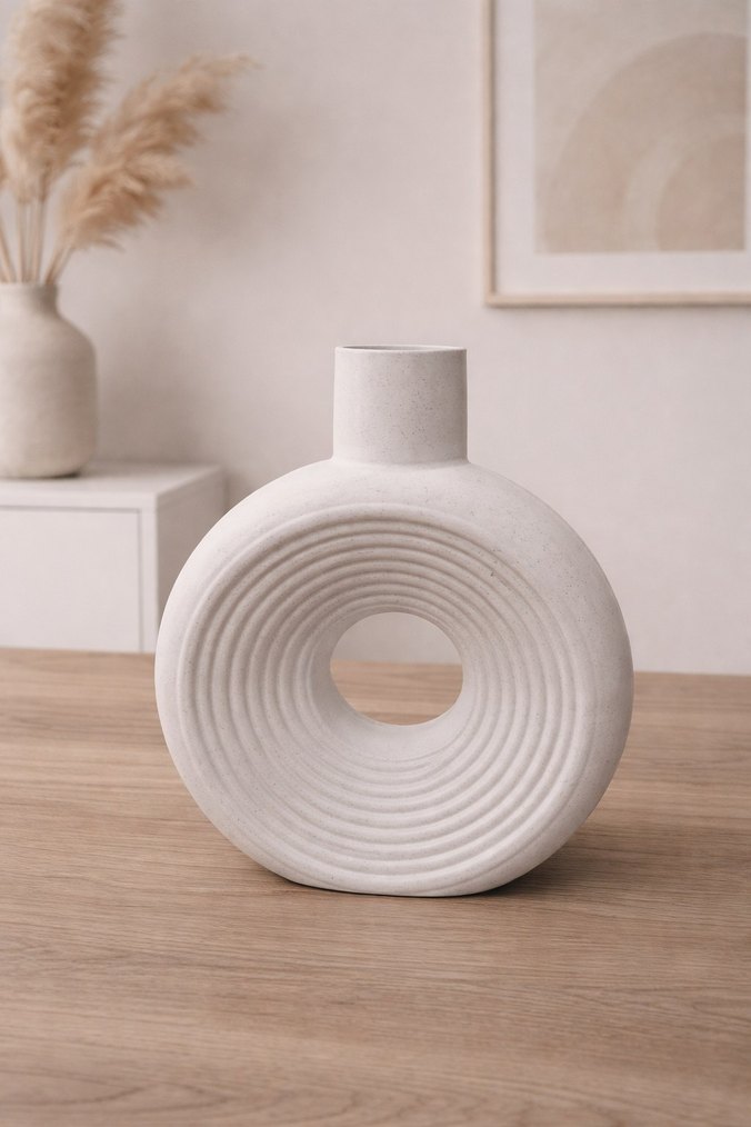 Beyaz Pastel Yuvarlak taş tozu Vazo - Görsel 2