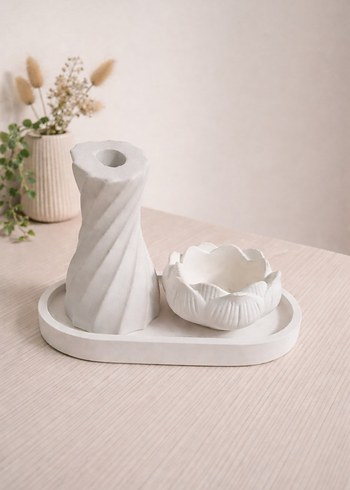 Beyaz Seramik Vazolu Dekoratif Set - Görsel 2