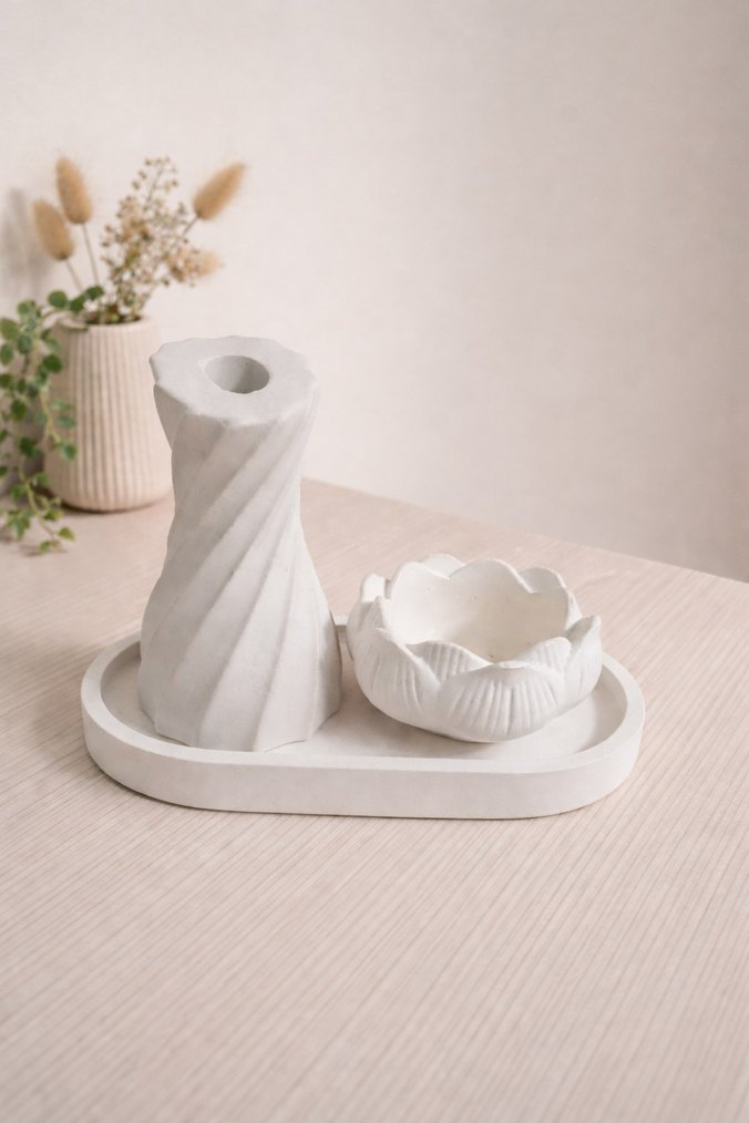 Beyaz Seramik Vazolu Dekoratif Set - Görsel 2