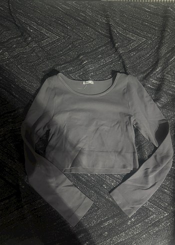 Gri Uzun Kollu Crop Top - Görsel 3