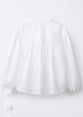 Beyaz Keten Uzun Kollu Fırfırlı romantik bluz - Görsel 2
